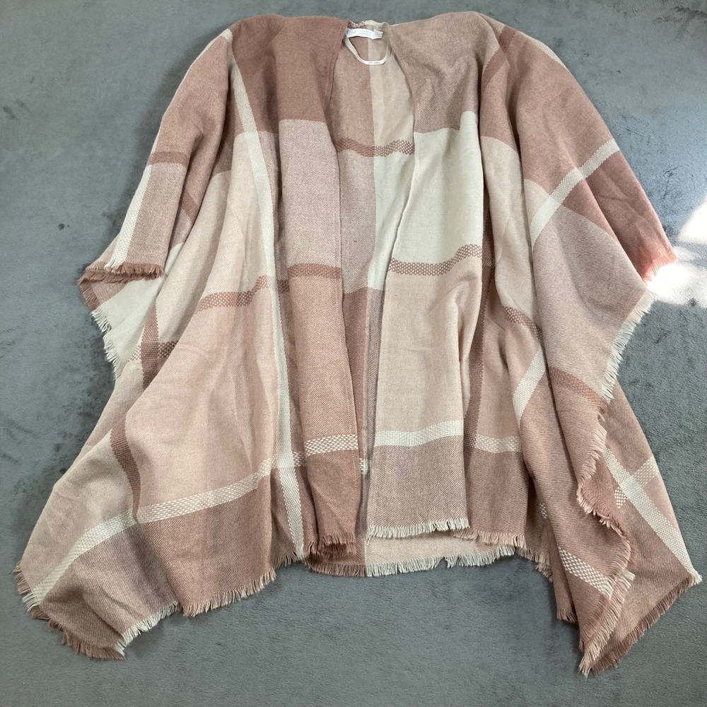 Lauren Conrad Womens Plaid Poncho Wrap Pink Cream Fringe Trim One Size